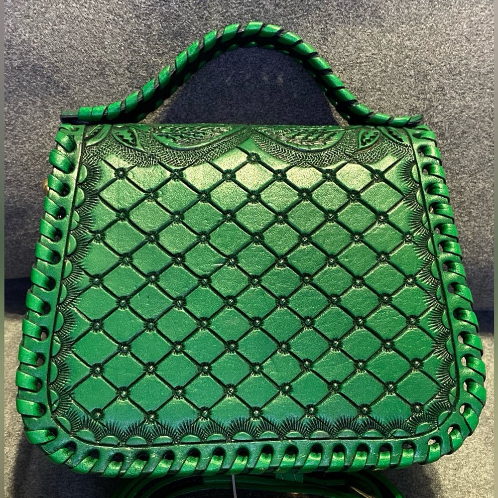 handmade genuine leather Luxury Shoulder Straps Tooled Handbag Green Purse - Picture 4 of 13